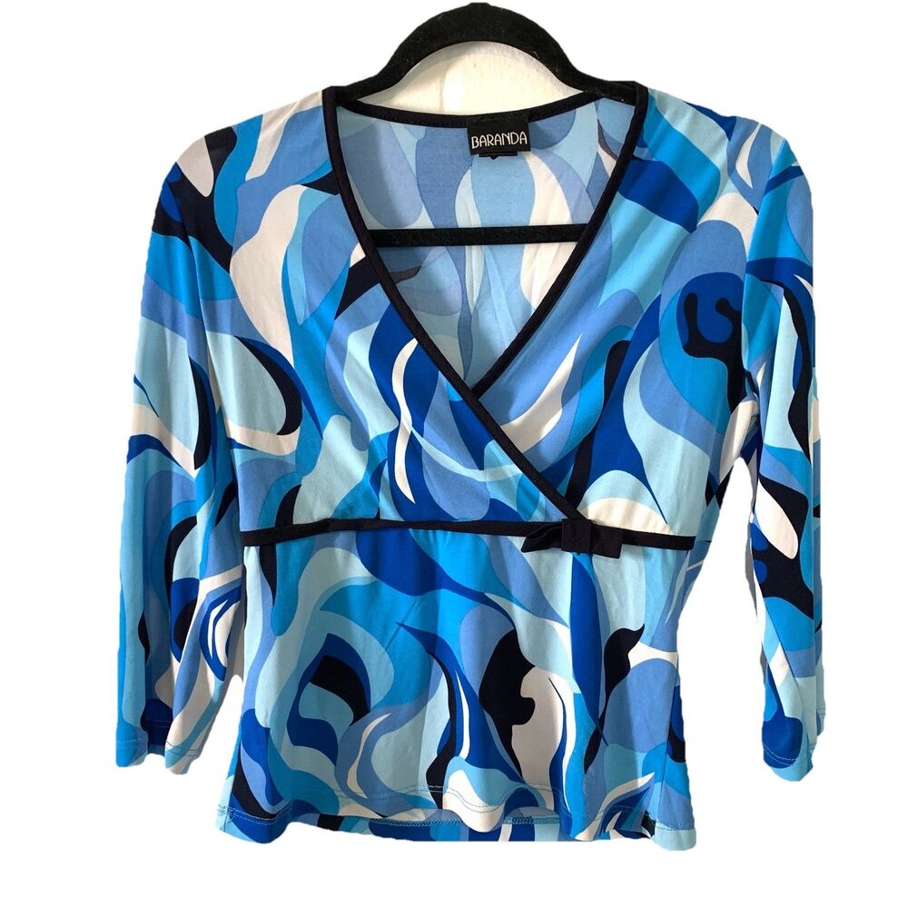Vtg Baranda Womens Small Shirt Y2K Preppy Cross Over Bow Stretch Knit Blue 3/4